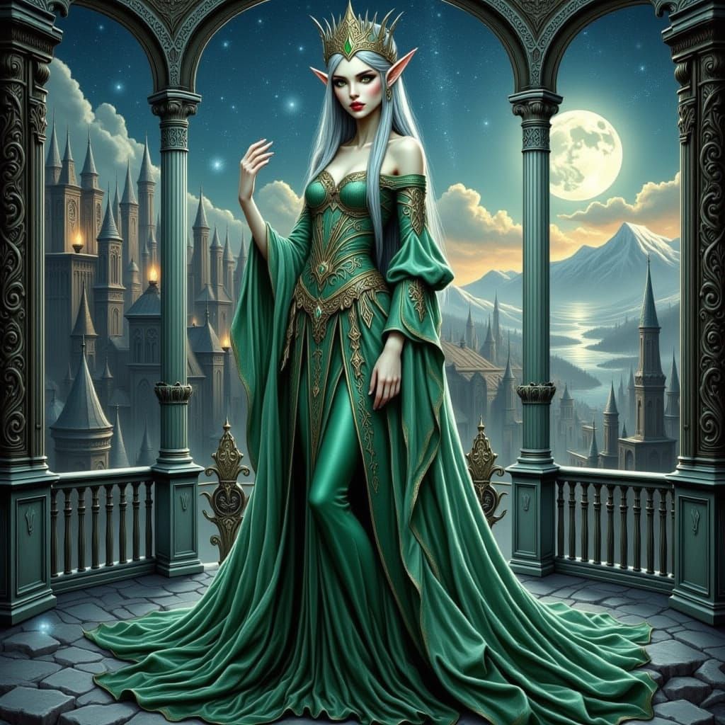Regal Elven Queen in Gown Overlooking Forest