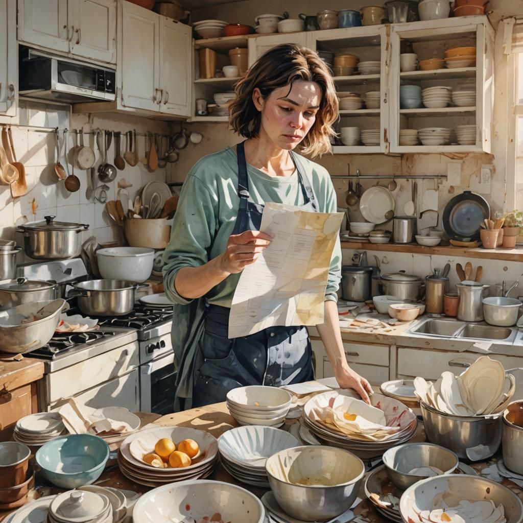 Woman in Messy Kitchen: Watercolor-Inspired Digital Art