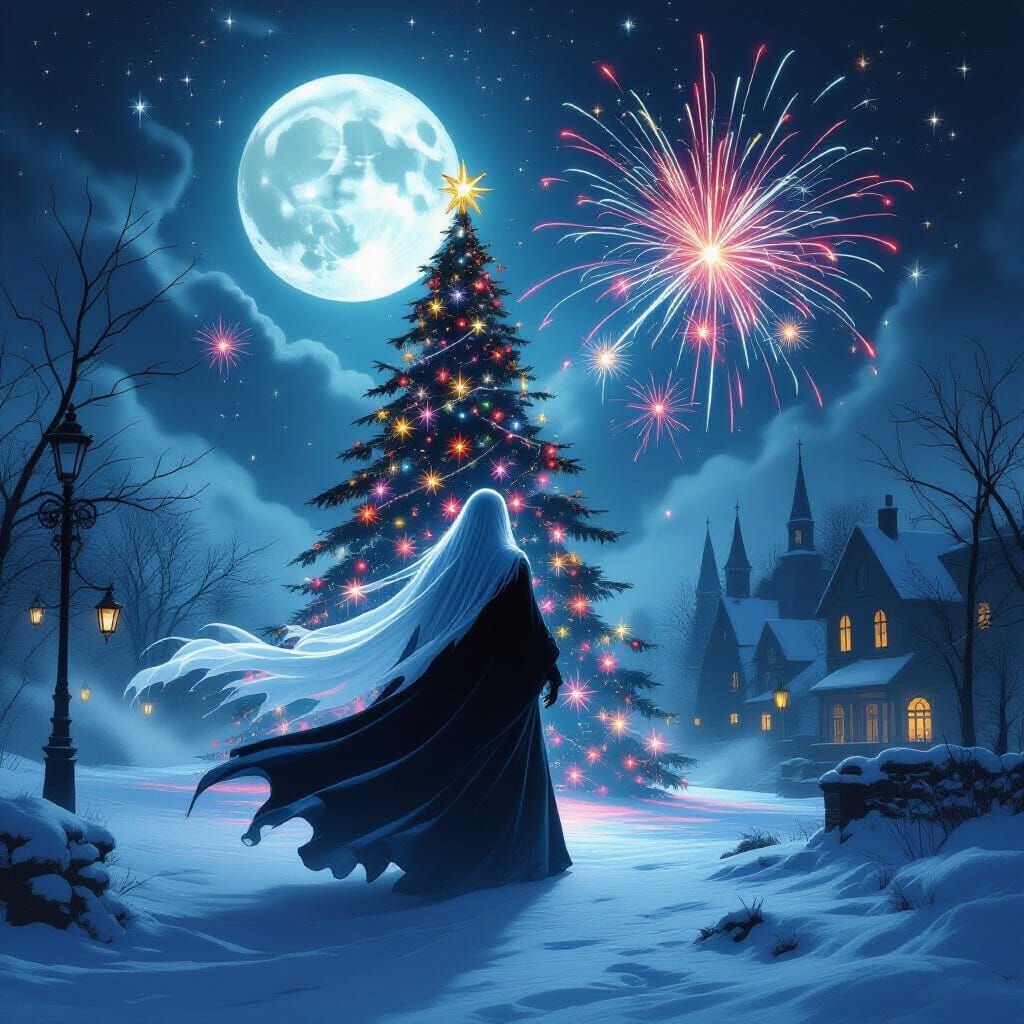 Ghost Vampire Haunts Christmas Night with Fireworks