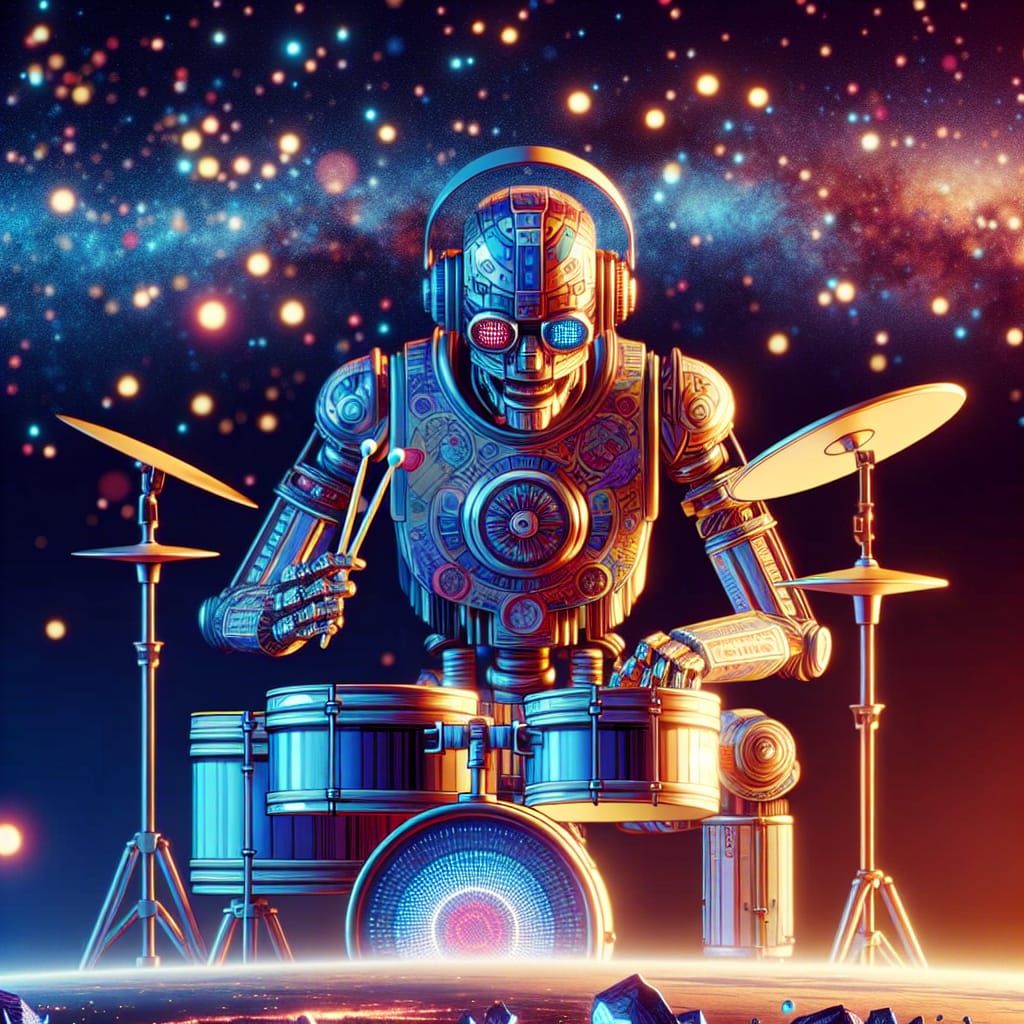 Anime Robot Drummer in Outer Space