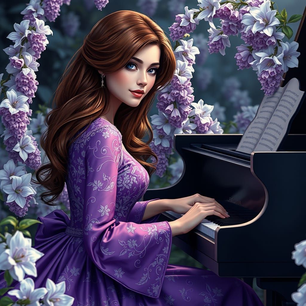 Woman Playing Piano in Lilac Garden, Digital Art