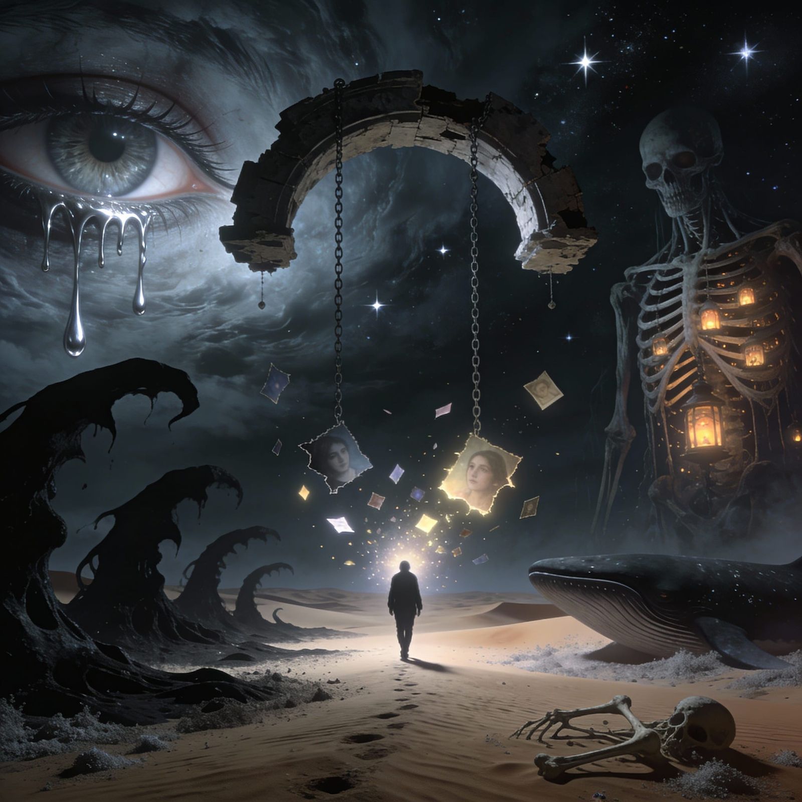 Epic Dreamscape Horror: Ash Desert Under Shadow Creatures