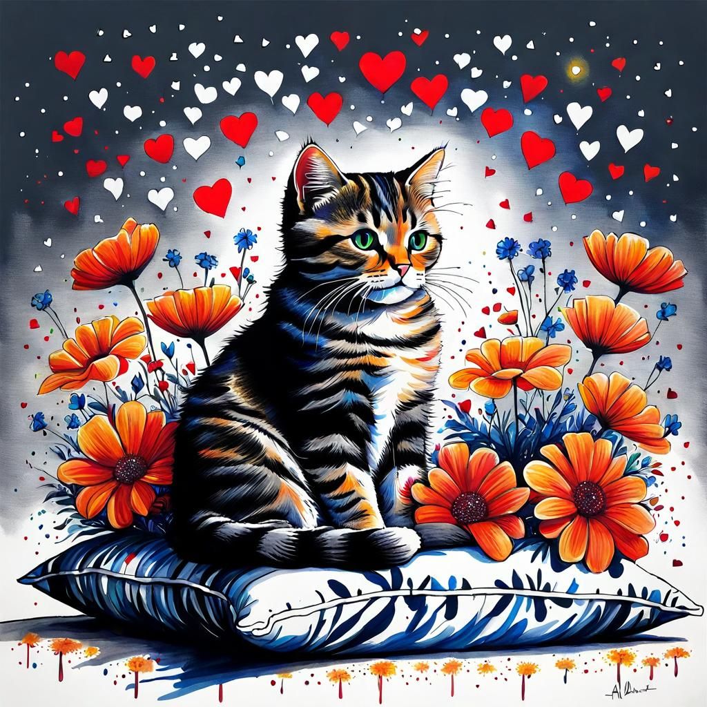 Cat on Pillow with Flowers in Watercolor Style