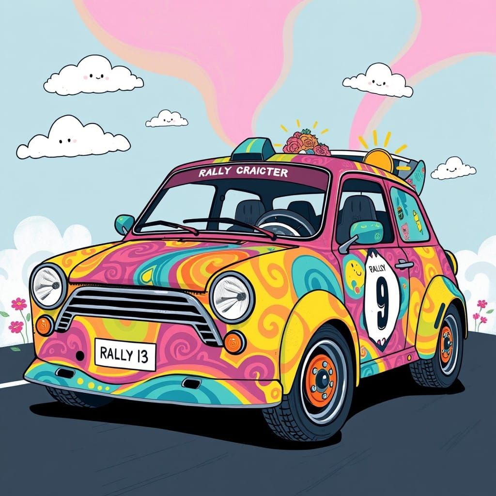 Rally car wrapped in "happy" artwork