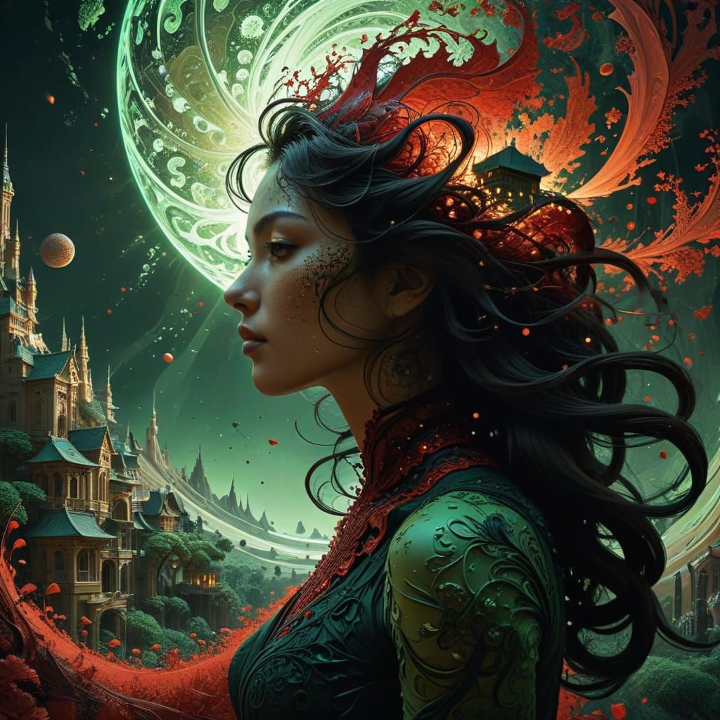 Fractal Woman: Silhouette in Art Nouveau Style