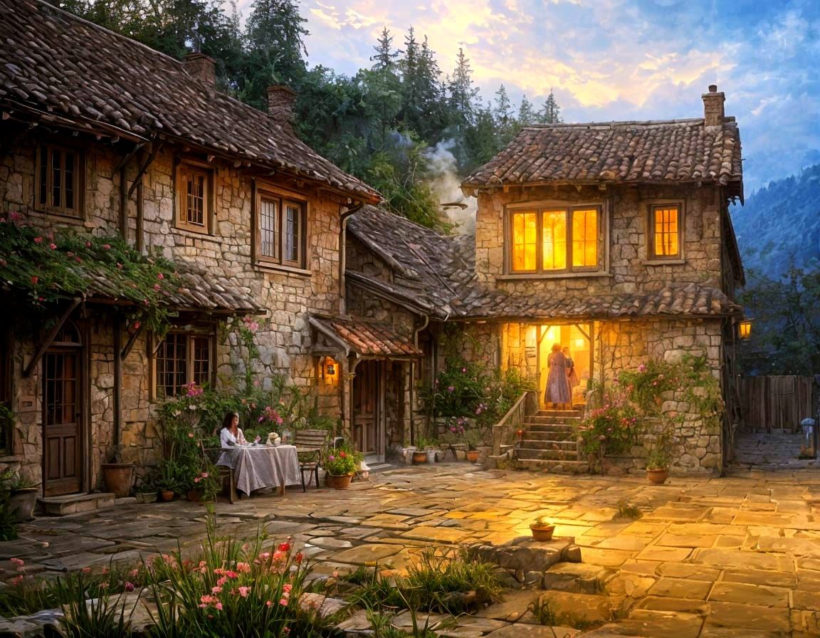 Whimsical Watercolor Coffee Scene Amidst Fairytale Sunset