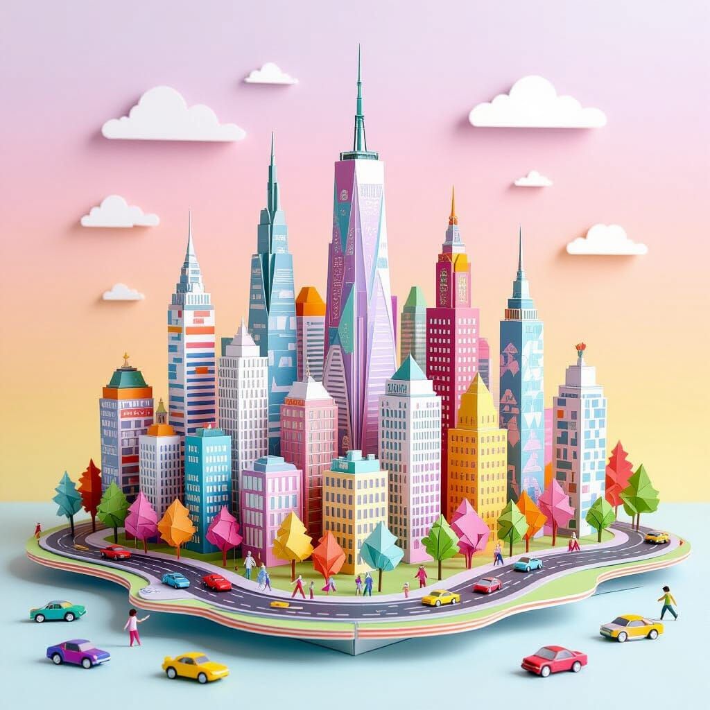 Vibrant Paper City with Origami Details