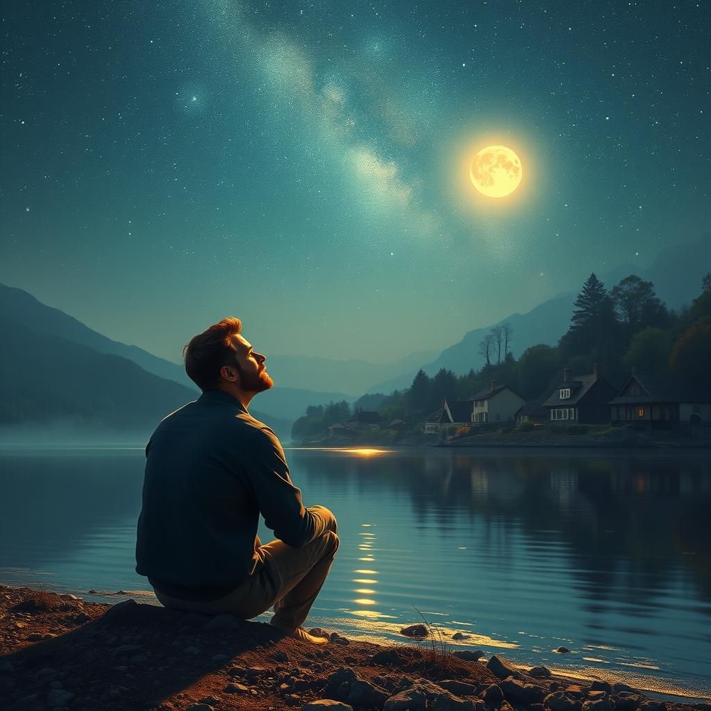 Contemplative Man Under Starry Sky Landscape