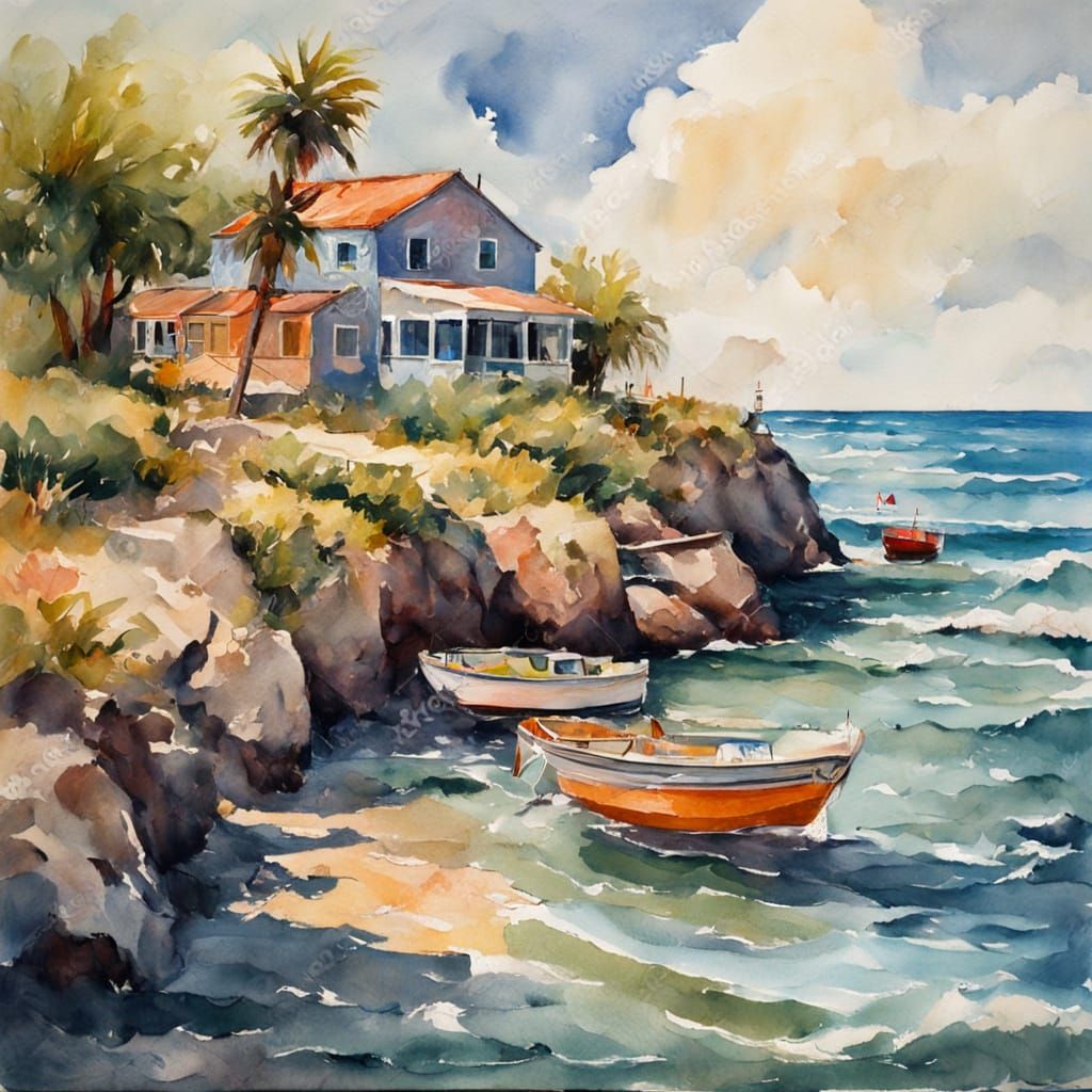 Impressive Seaside Masterpiece in Vibrant Gouache Style