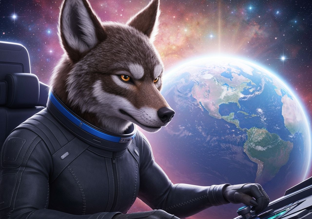 Photorealistic Space Coyote Speeding Through Cosmos