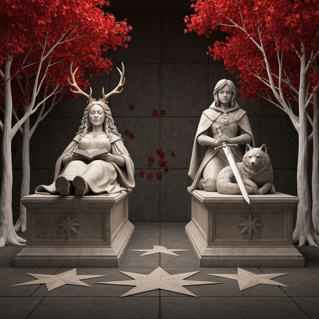 Medieval Queens Tomb with Marble Statues and Red Leaf Trees