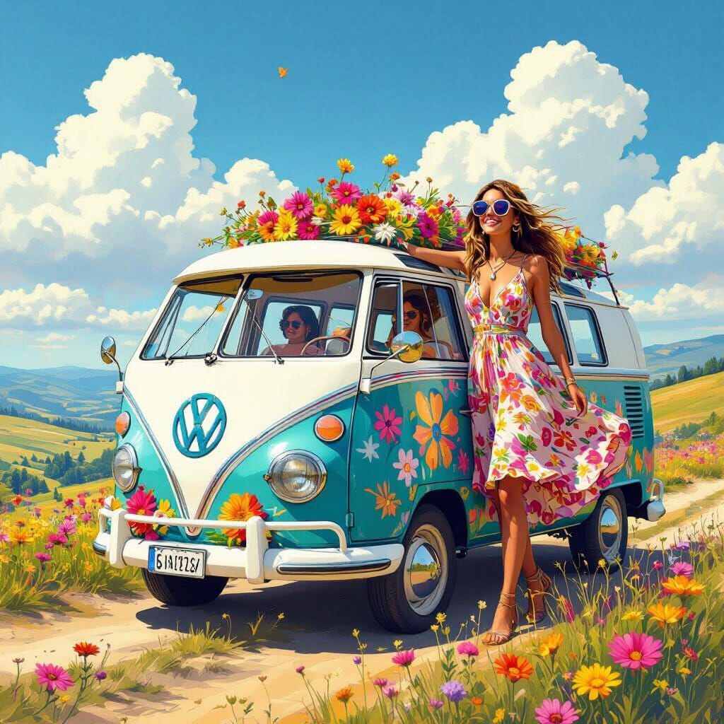 Colorful VW Bus in Dreamy Airbrush Style