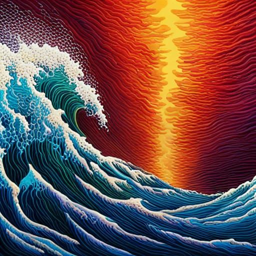 Molten Lava Wave in Japanese Ocean: Surrealist Seascape