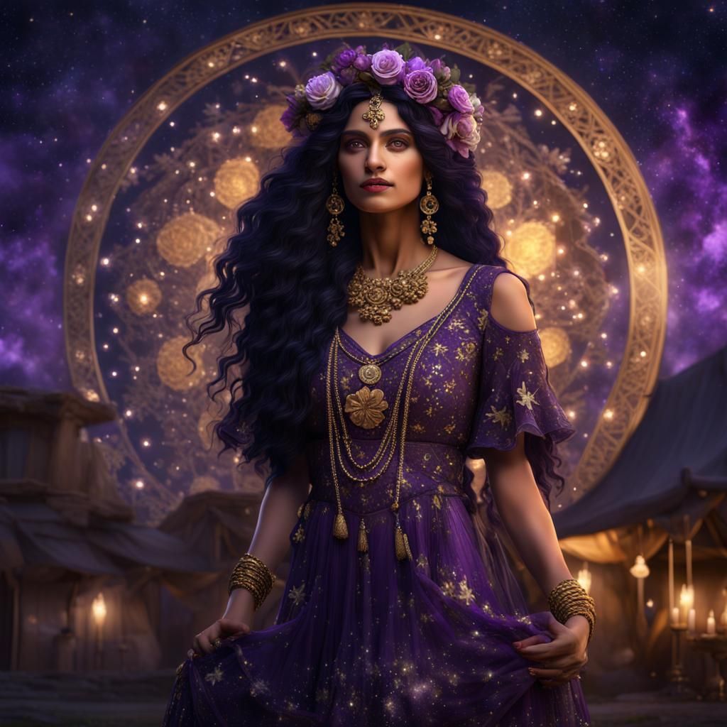Hyperrealistic Gypsy Woman with Stars, Digital Art