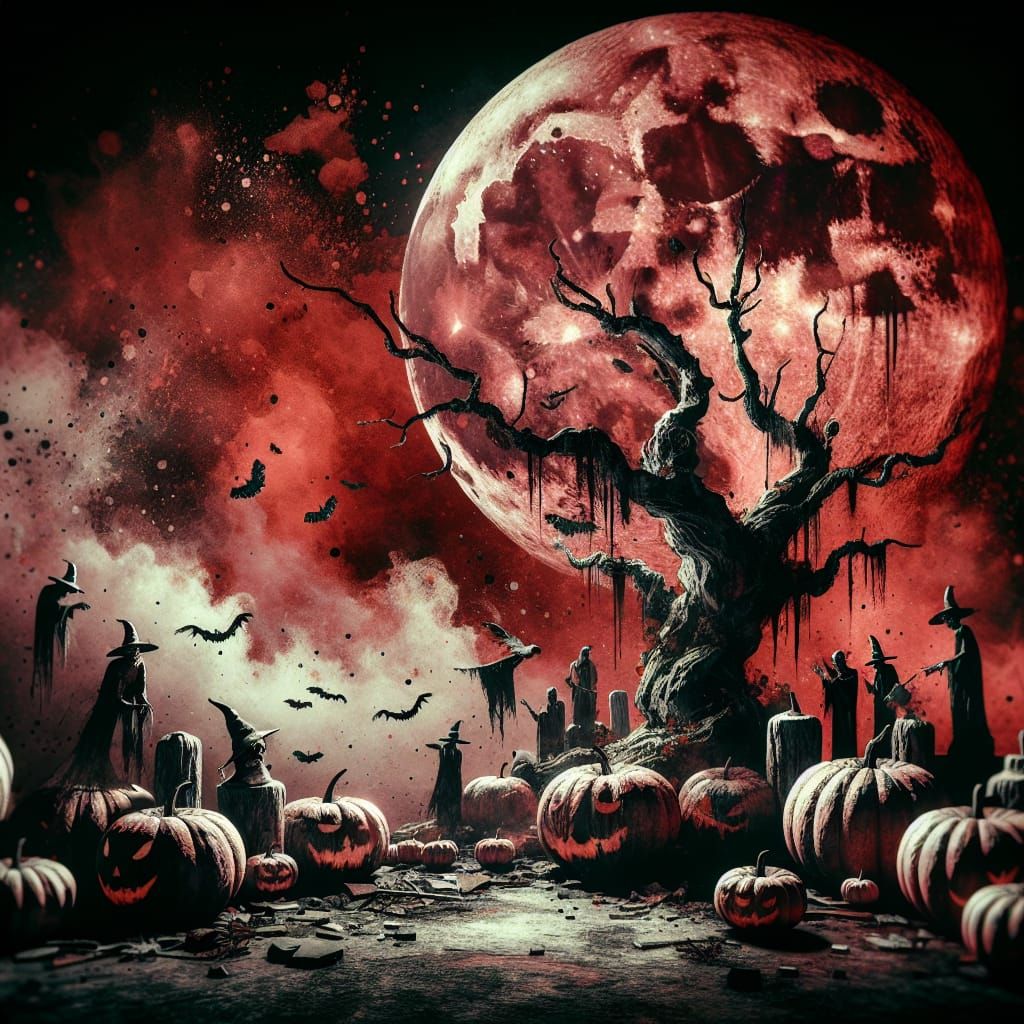 Eerie Halloween Ritual Under Red Moon with Witches