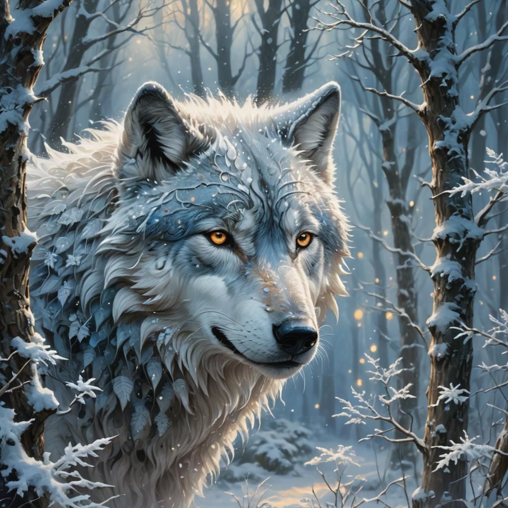 Ethereal Snowy Wolf in Mystical Forest