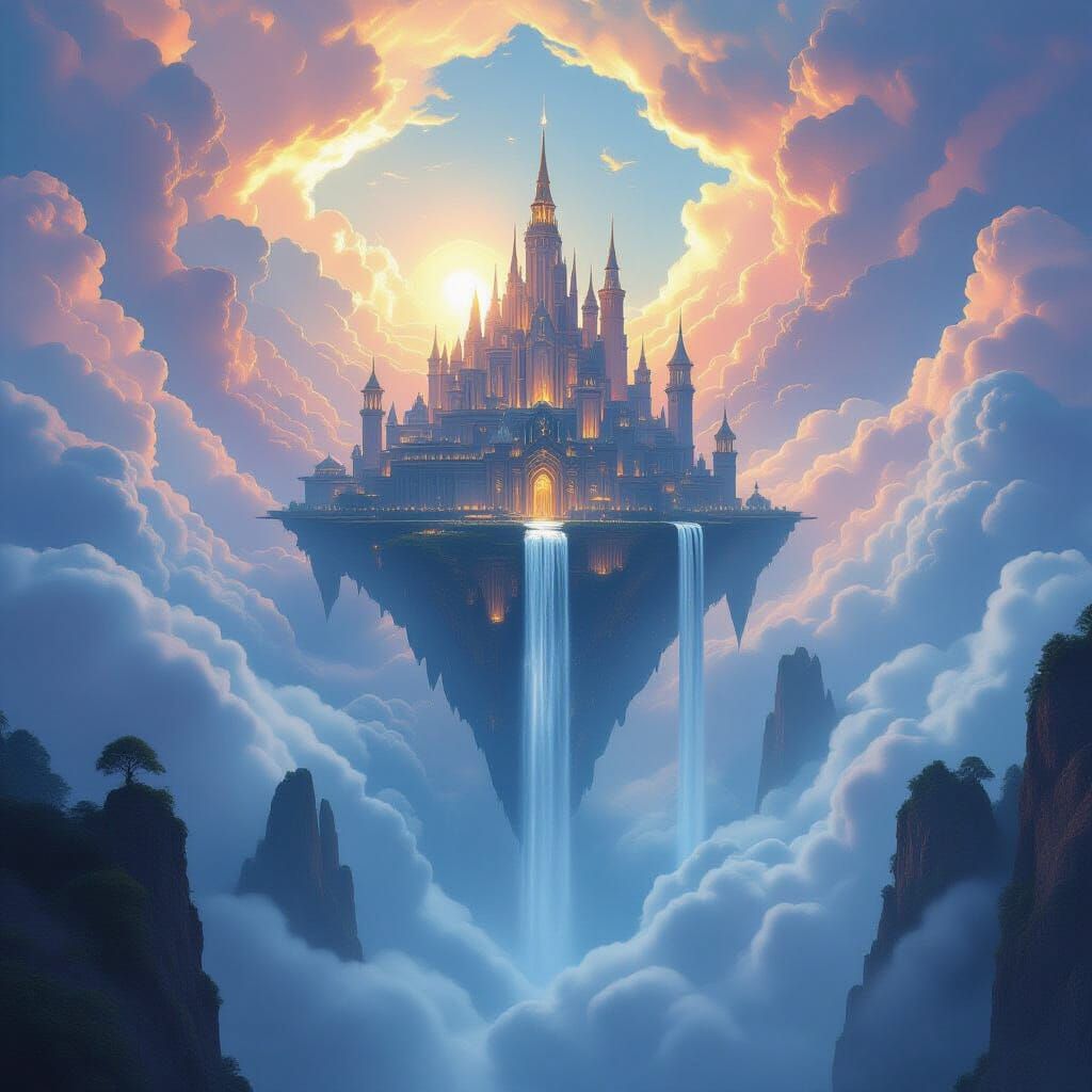 Majestic Floating City With Ethereal Waterfalls in Matte Pai...