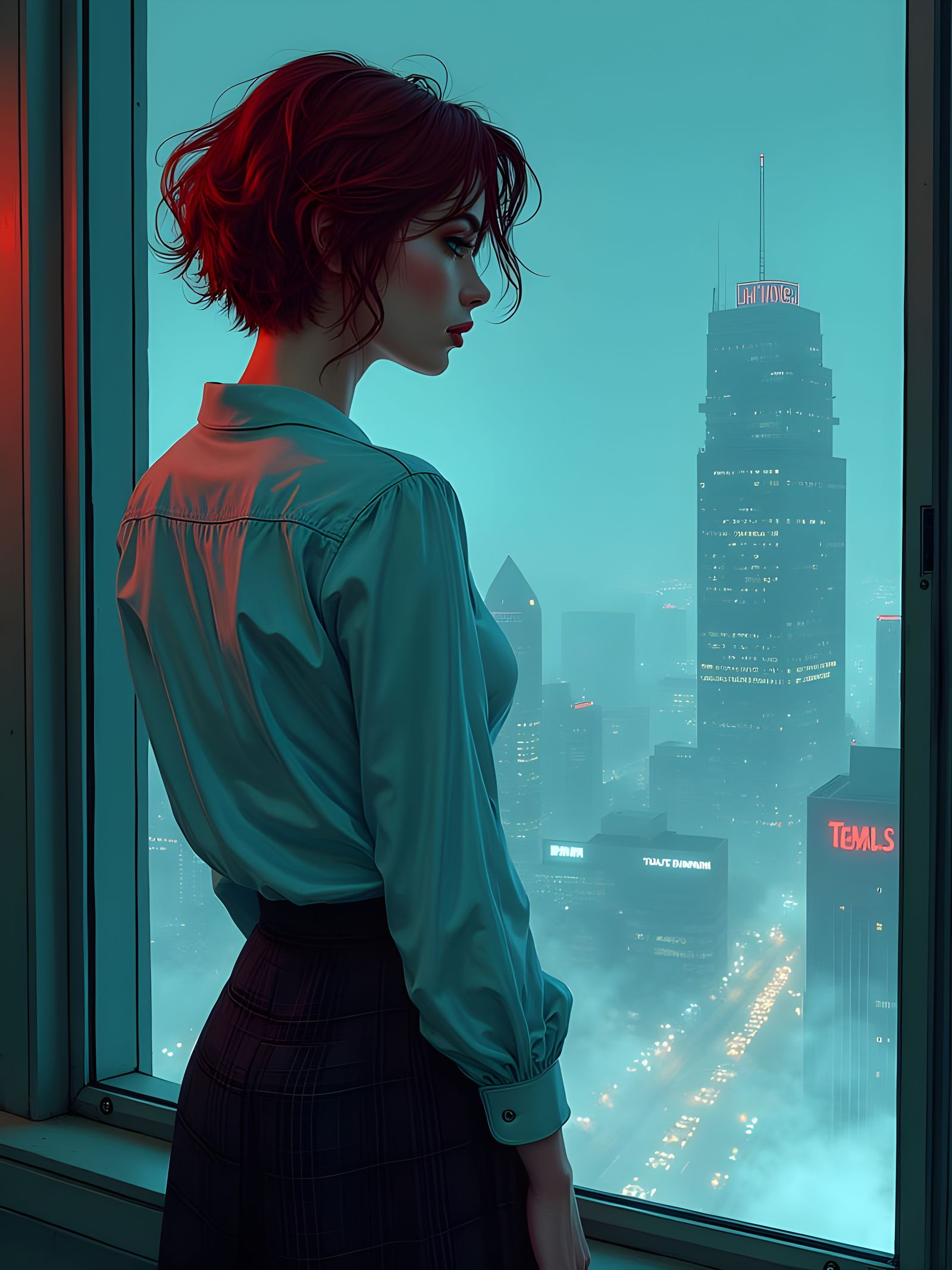Woman Overlooks Foggy Futuristic Cityscape in Comic Style