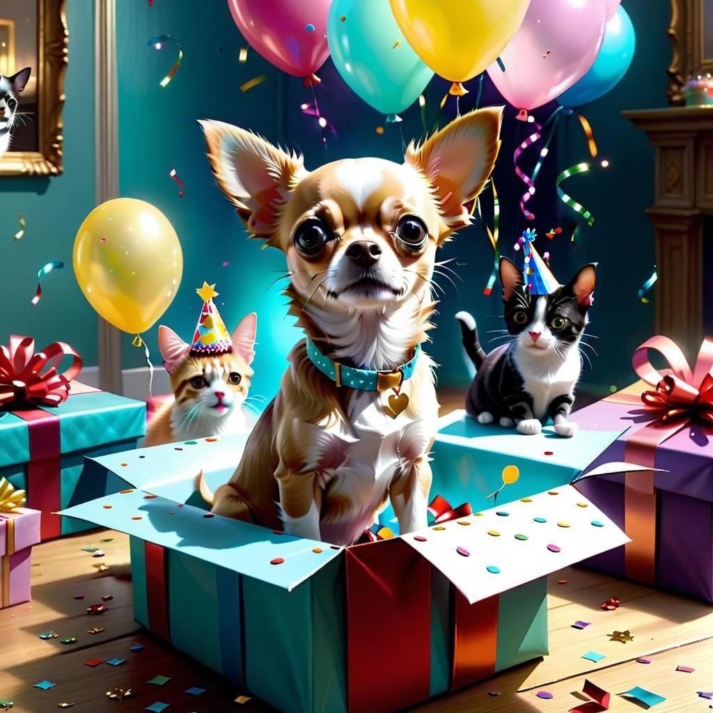 Cat Birthday Party in Oil Painting Style