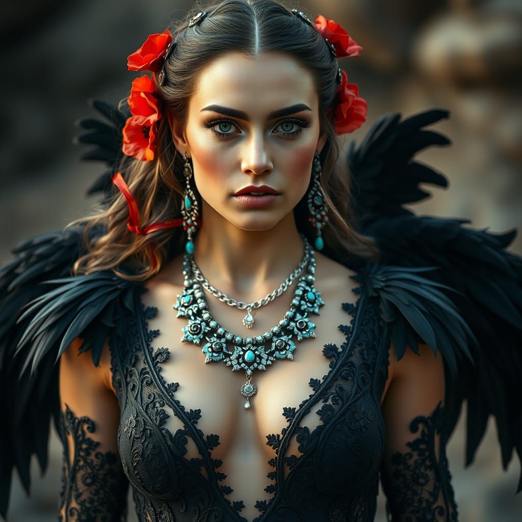 Woman in Filigree Outfit with Poppies, Cinematic Style