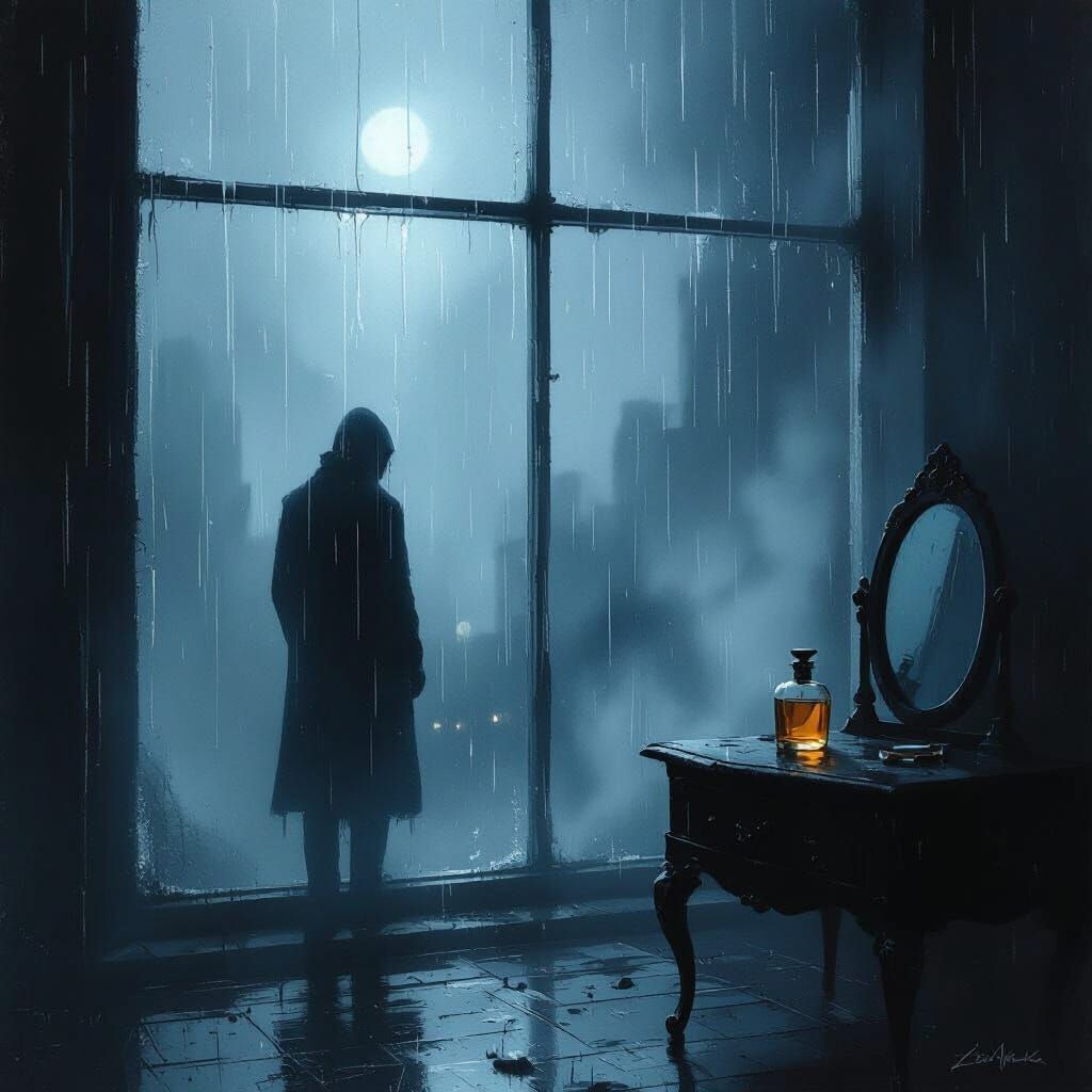 Melancholy Figure by Foggy Window on Rainy Night