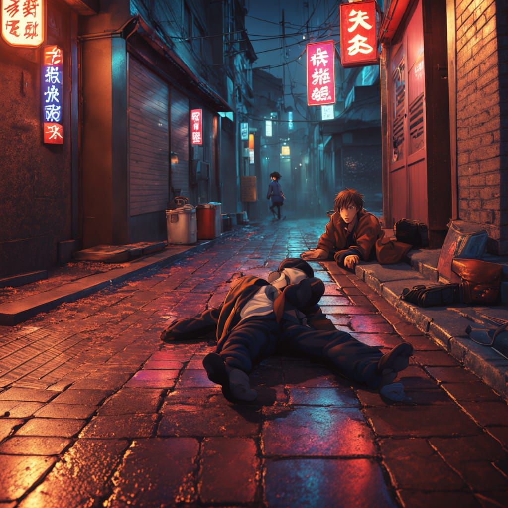Drunkard Stumbles Down Alleyway in Vibrant Anime Style