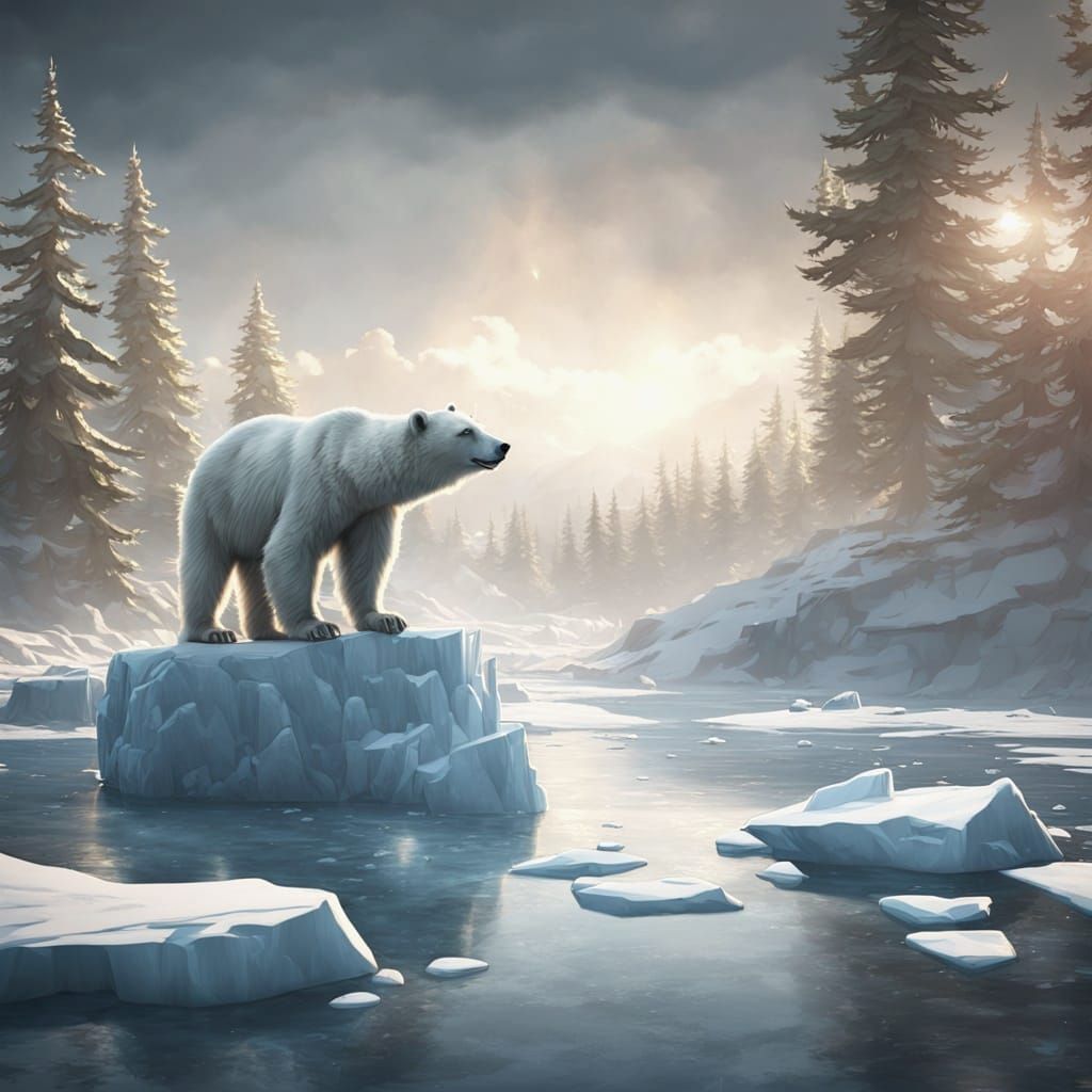 Young Polar Bear on Ice Flow Cap with Icebergs & Loose Ice A...