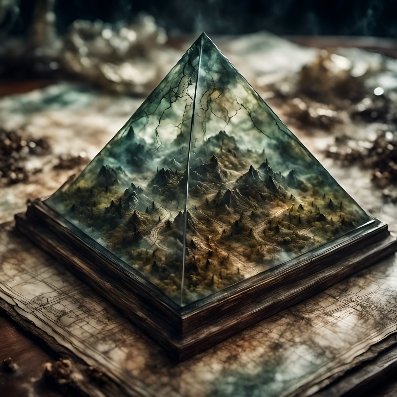 Glass Pyramid with Lightning Veins and Map Etchings