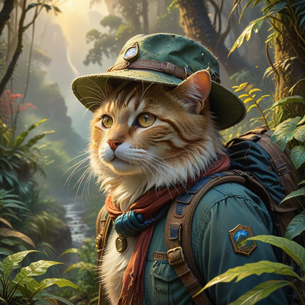 Cat Traveler Explores Jungle in Golden Light