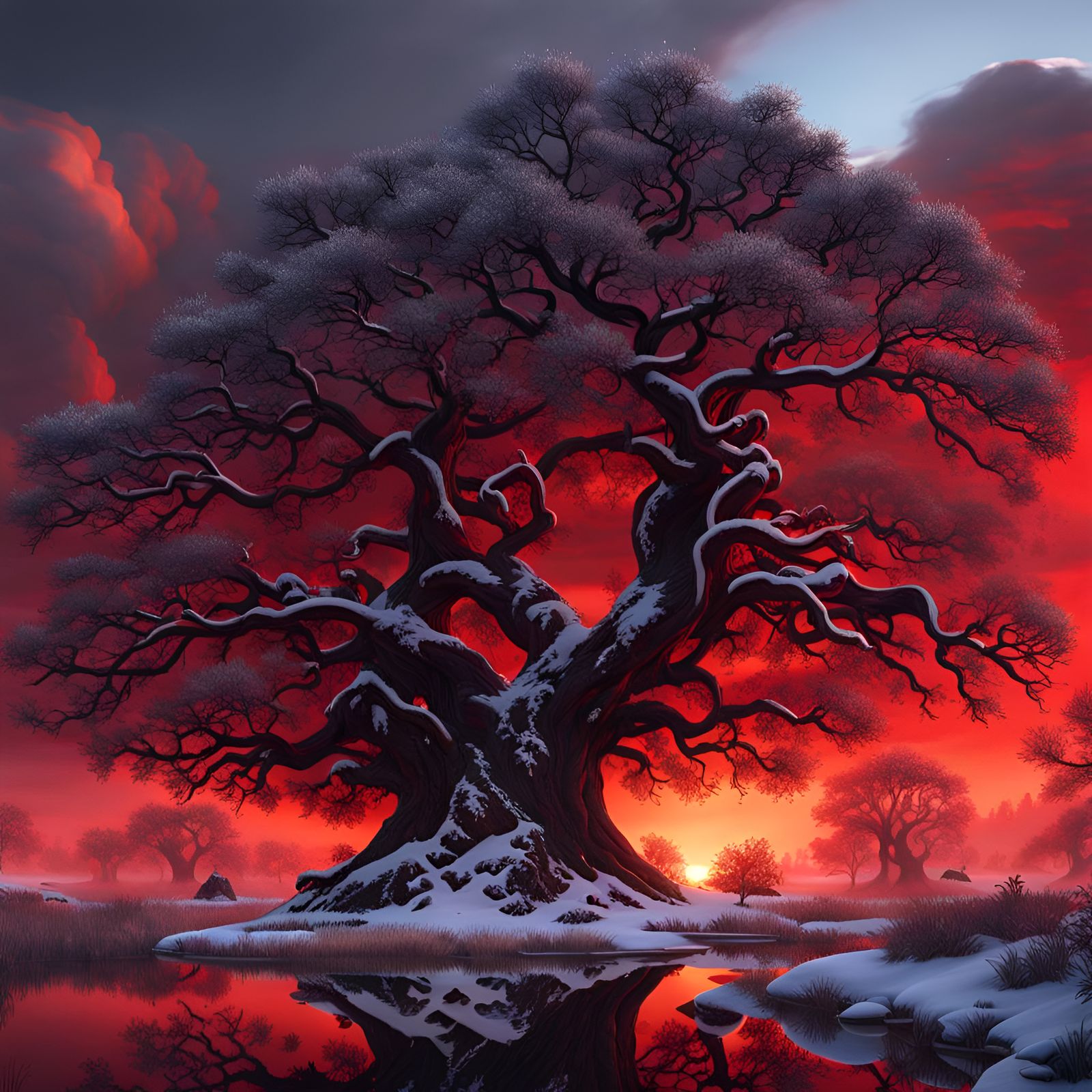 Black Leaves Tree in Red Sky: Fantasy Concept Art