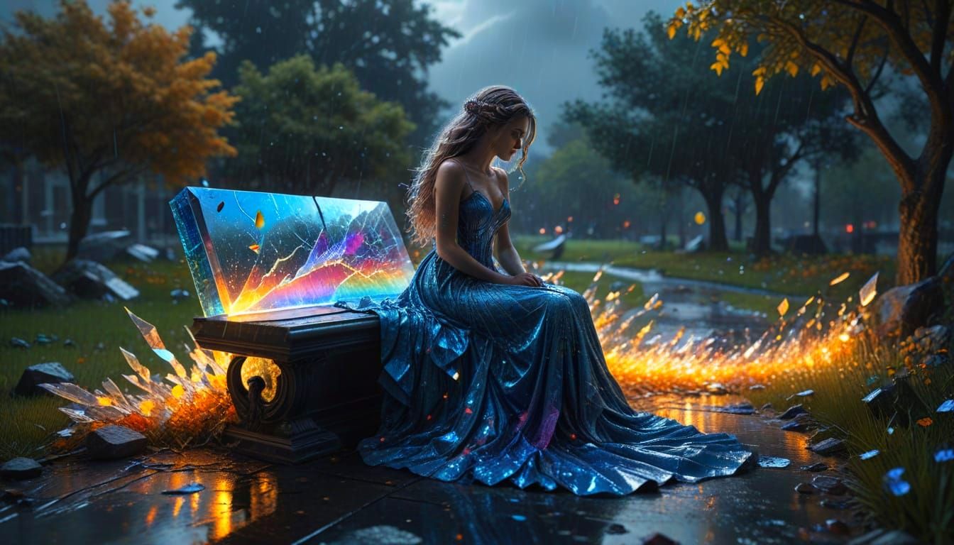 Blue Glowing Girl with Book in Fantasy Glass Art