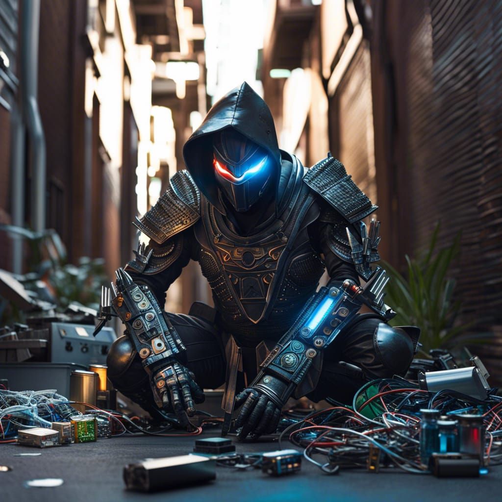 Cybernetic Ninja Made of Electronic Waste in Alley
