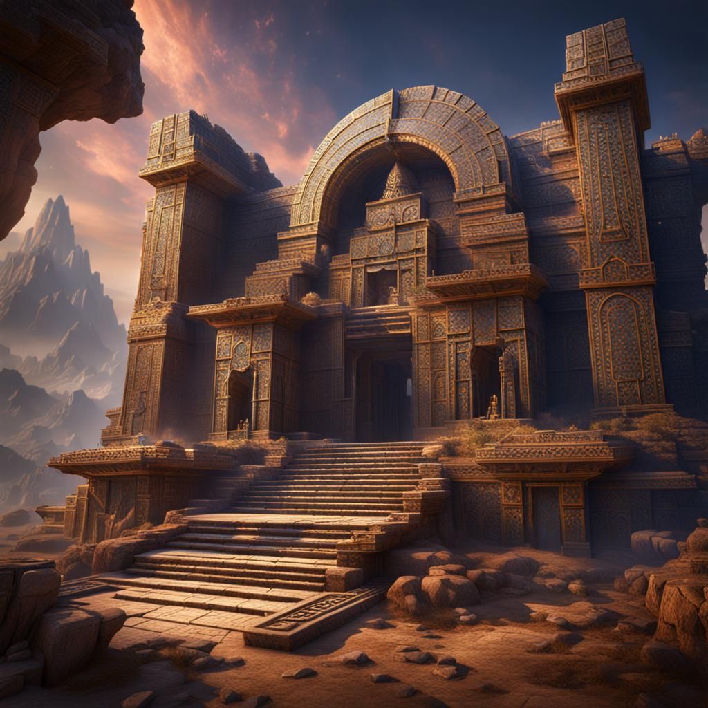 Escherian Crystal Assyrian Ziggurat: Detailed Matte Painting