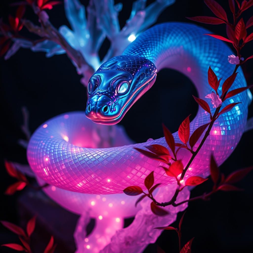 Serpent in Crystal Jungle Illuminated by Eerie Glow