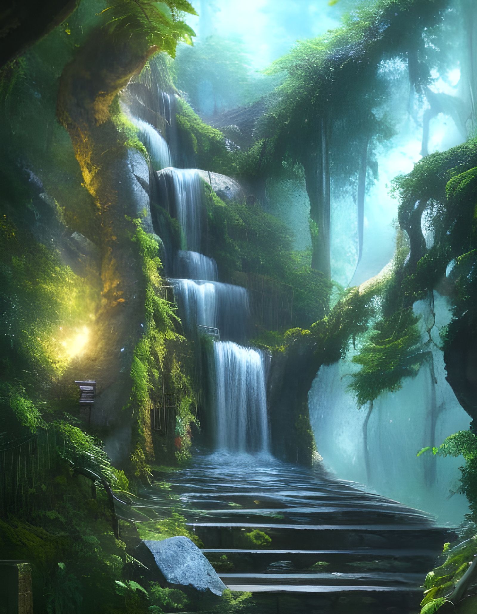 Waterfall Staircase in Hyperdetailed Forest
