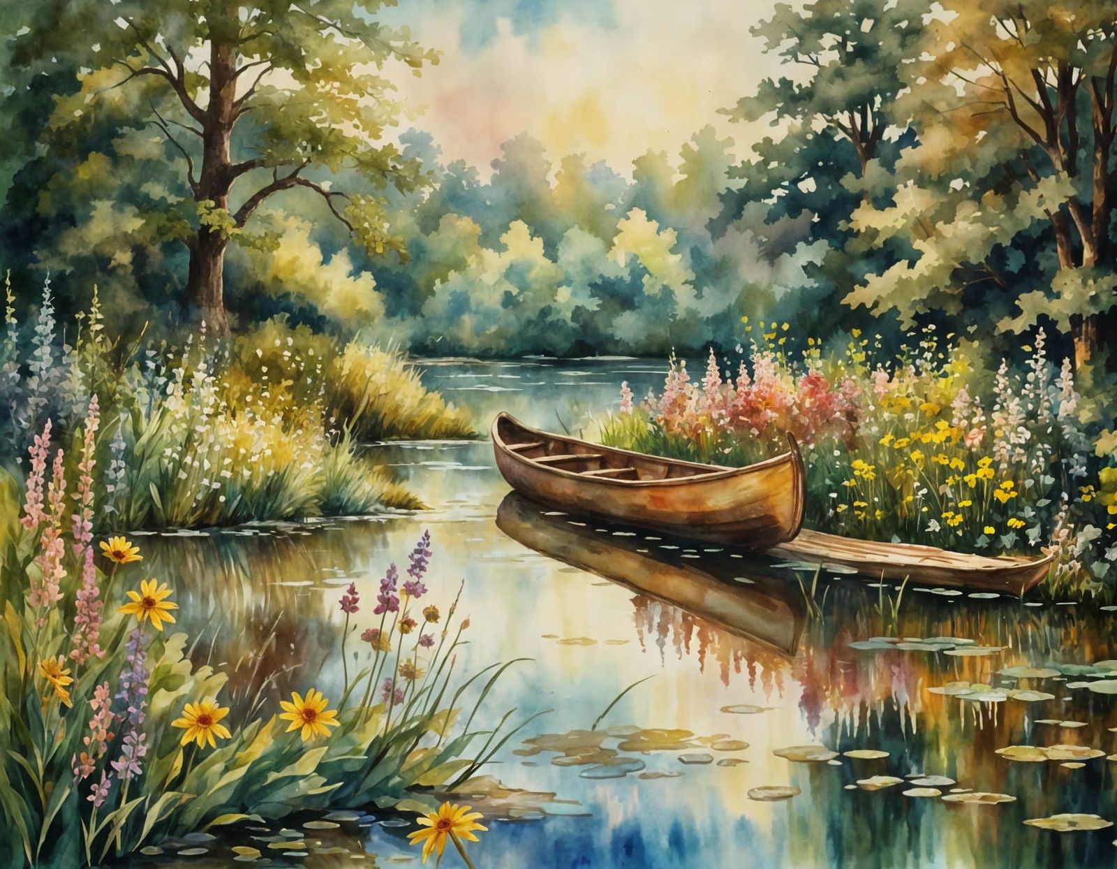 Watercolor Summer Landscape with Canoe and Wildflowers