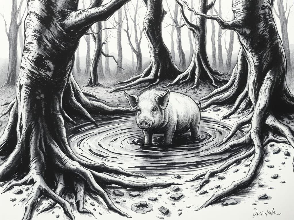 Pig in Mud Bath: Charcoal Art on Paper