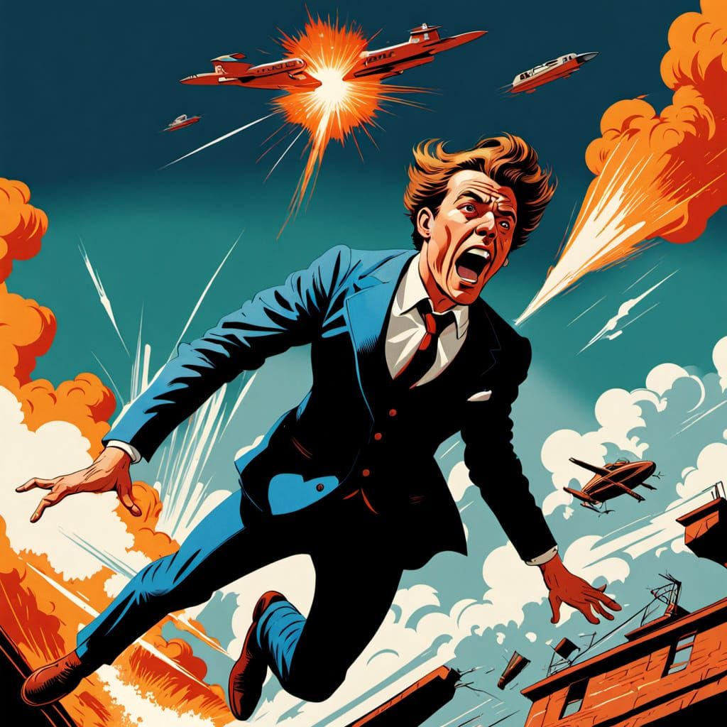 Pulp art. Medium shot. A man flys out of an explosion in the...
