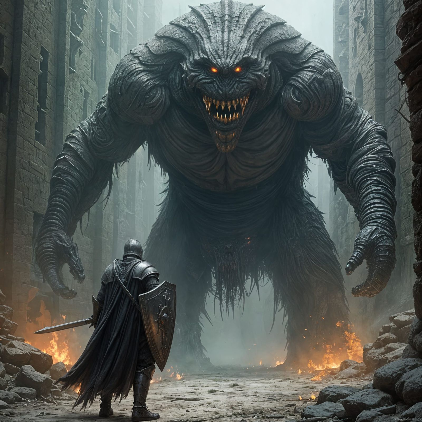 Heroic Knight Battles Medieval Monster in Dark Fantasy Battl...