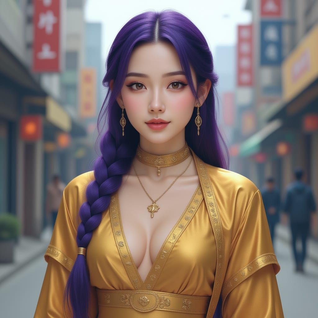 Rumi Kpop Demon Hunter with Purple Hair in Realistic Style