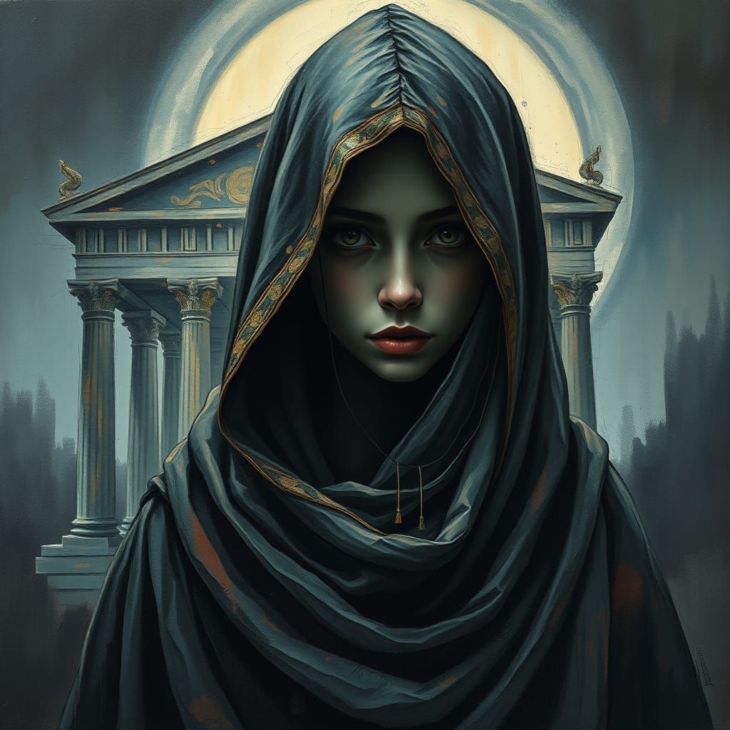 Moonlit Hooded Figure in Dreamscape as Impasto Painting