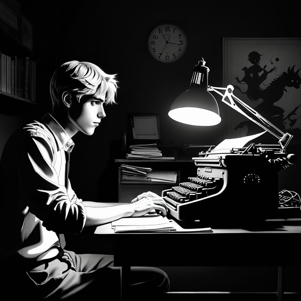 Surreal Anime Man Writing in Dark Room