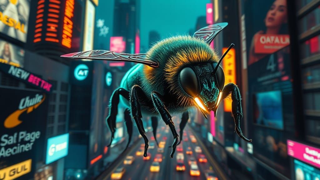 Cyberpunk Bee Races Through Future Cityscape