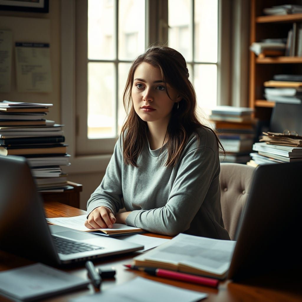 A Young Scholar Lost in Thought Amidst a Cozy Study