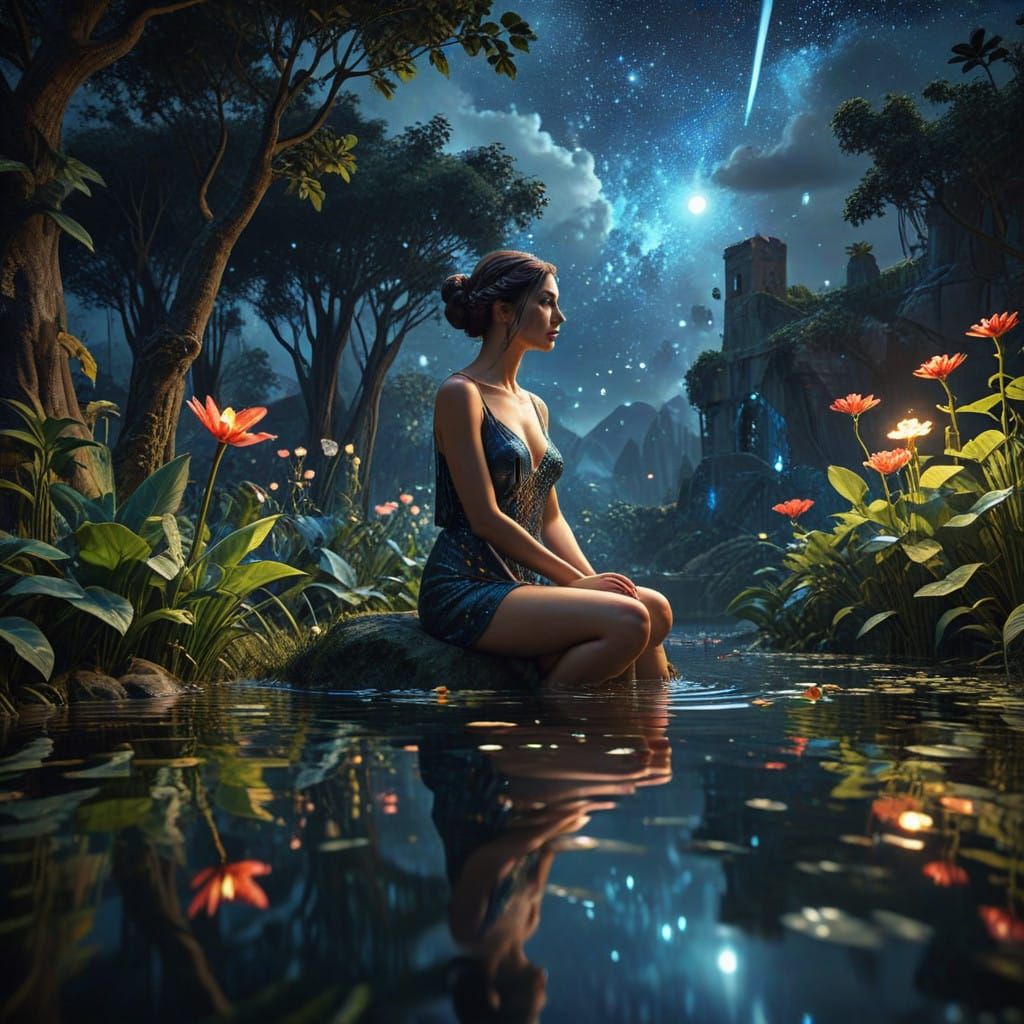 Serene Woman amidst Lush Foliage and Starry Night Reflection...