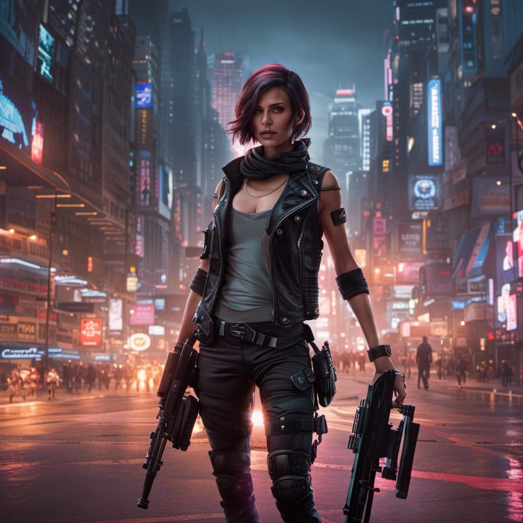 Cyberpunk Tomboy: Voluptuous Netrunner in Neon Cityscape