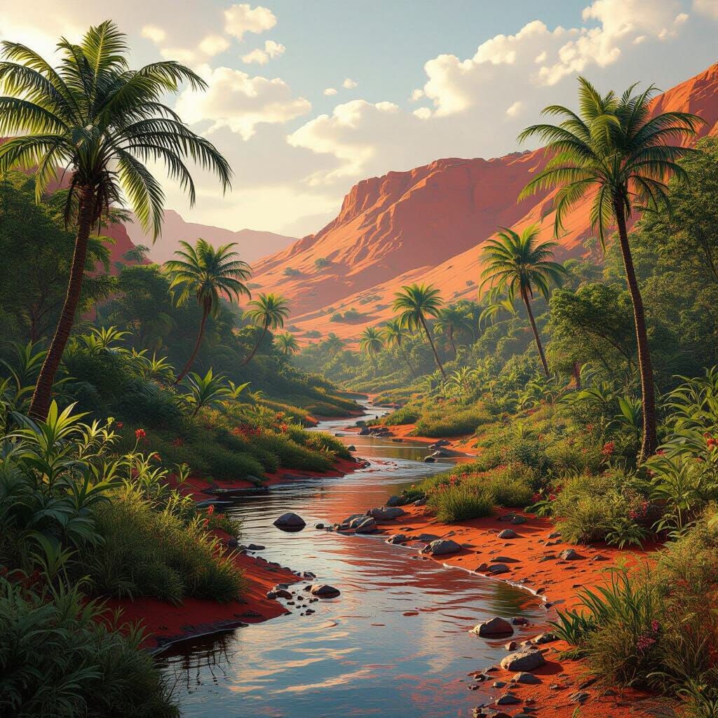 Martian Forest Stream and Red Hill Landscape