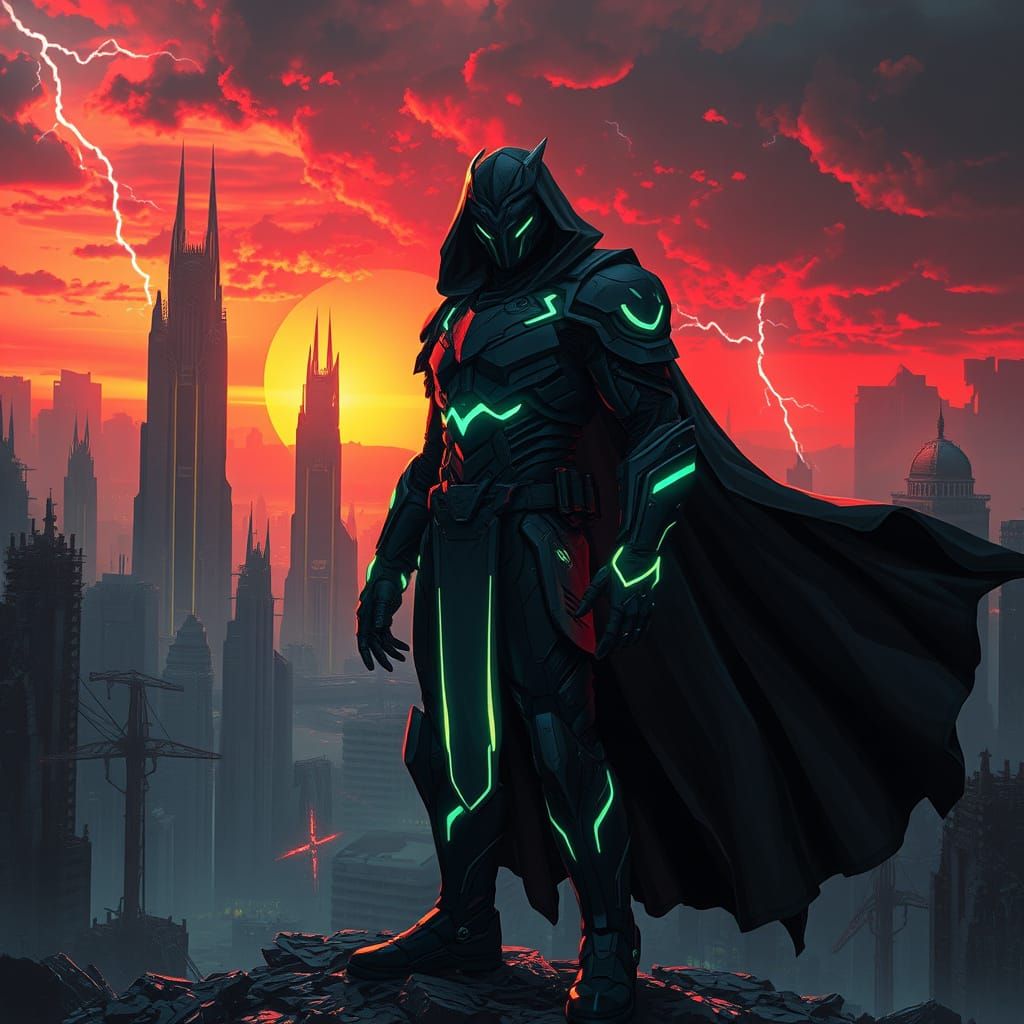 Heroic Figure in Shattered Cyberpunk City