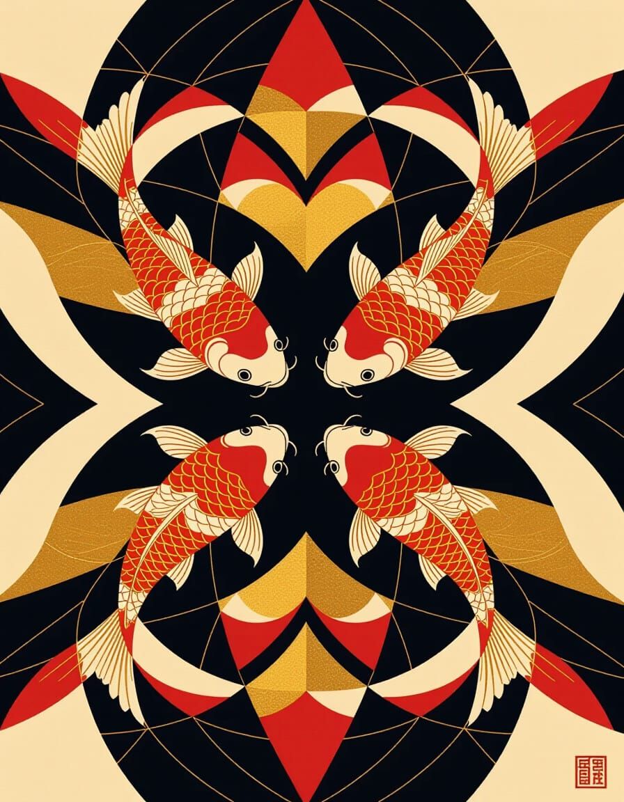 Symmetrical Koi Fish in Japanese-Bauhaus Geometric Style