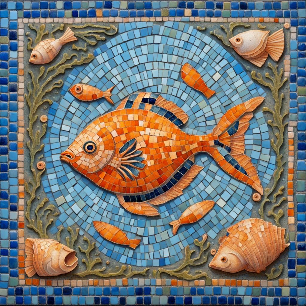 Mosaic of Orange Fish in Antique Roman Style